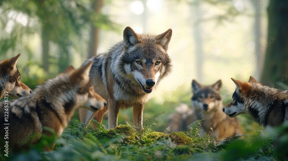 Majestic Wolf Pack in Sunlit Forest Majestic Wolf Pack in Sunlit Forest