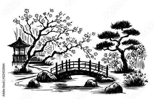 traditional japanese garden with bridge and cherry blossoms vector colorless outdoor landscape drawing