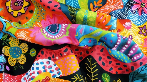 A whimsical party-themed tablecloth in bright colors.