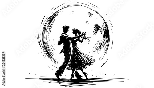 elegant couple dancing under the moon black vector sketched white background with artistic smudges and rough strokes