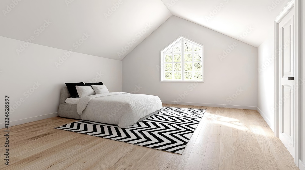 Fototapeta premium Modern attic bedroom with zig-zag rug, large window, sunlight