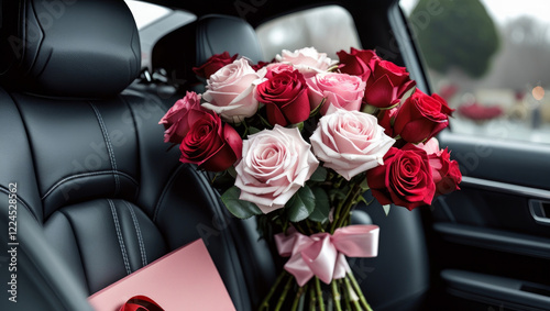 Background image of car back seat with roses and gift box. Valentine's day. AI generated