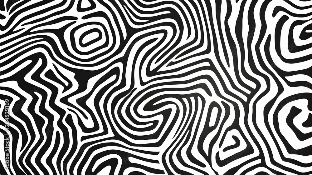 Naklejka premium Monochrome Abstract Design Featuring Curved, Fluid Black and White Lines in a Dynamic, Optical Illusion Style. Generative AI