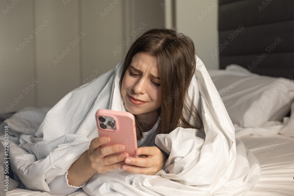 Frustrated young adult woman reading message on smartphone while lying on bed at home alone. Upset holding mobile phone. Emotional facial expression. Bad news low balance on bank card concept Frustrated young adult woman reading message on smartphone while lying on bed at home alone. Upset holding mobile phone. Emotional facial expression. Bad news low balance on bank card concept