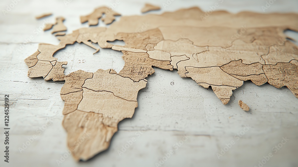 Fototapeta premium Artistic wooden world map with continents in relief, showcasing intricate craftsmanship and unique design on rustic background.