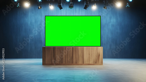 Virtual green screen backdrop on wooden podium with spotlight illumination against dark studio backdrop