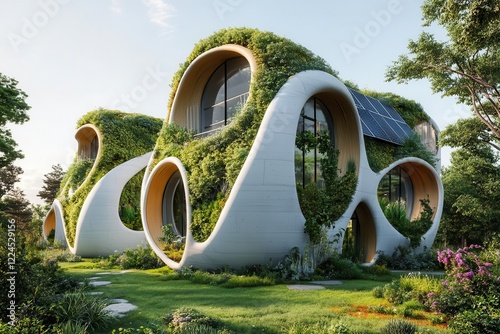futuristic 3d-printed sustainable housing complex, biomimetic design with living walls and solar integration