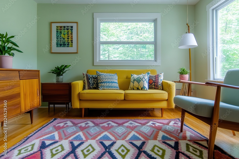 Fototapeta premium Creative eclectic bohemian decor with vintage touches. Cozy living room with yellow sofa, patterned rug, and natural light.