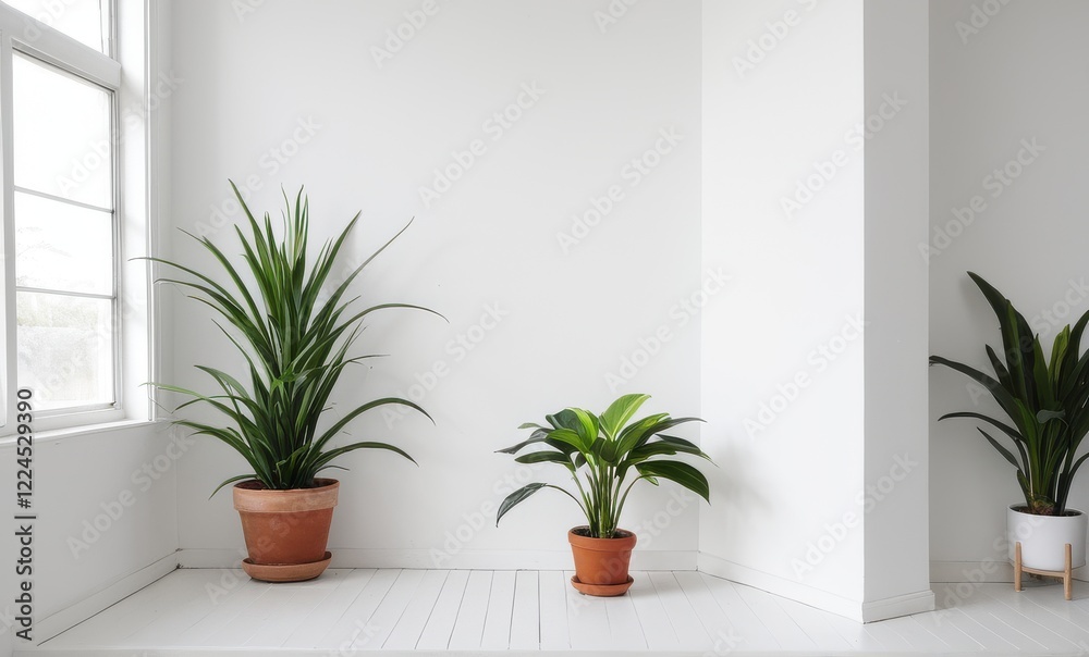 Fototapeta premium Three potted plants, two on the corners, in a bright white minimalist room...Concept: Interior plants, minimalist style.