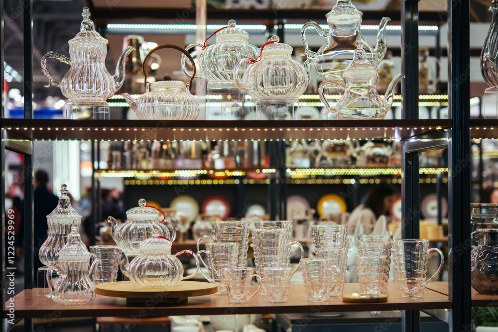 Different teapots and cups on sale for a restaurant of hotel business.