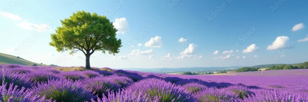 Solitary tree with lavender growing around it, wildflower field, landscape Solitary tree with lavender growing around it, wildflower field, landscape