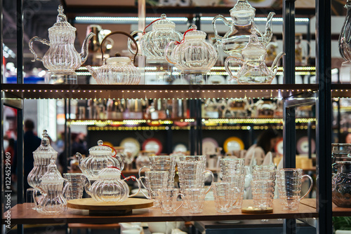 Obraz na płótnie Different teapots and cups on sale for a restaurant of hotel business. w salonie