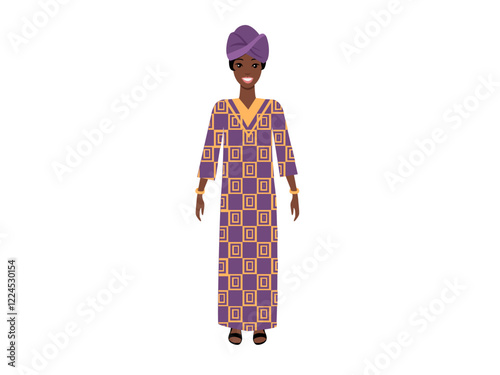 A smiling african woman wearing a purple and orange geometric patterned dress and matching headscarf. Ideal for culture, fashion, diversity, tradition, heritage