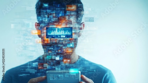 Individual overwhelmed by screen notifications, highlighting tech overload and social media fatigue, brain rot concept