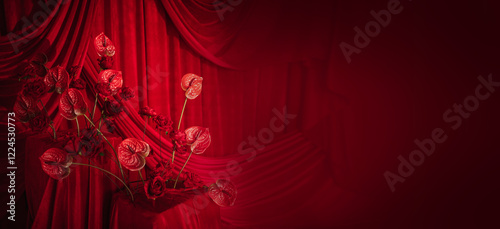 Fototapeta Naklejka Na Ścianę i Meble -  Heart shaped floral arrangements of roses and anthuriums against a red curtain and draperies. Valentine's Day decorations for lovers copy space