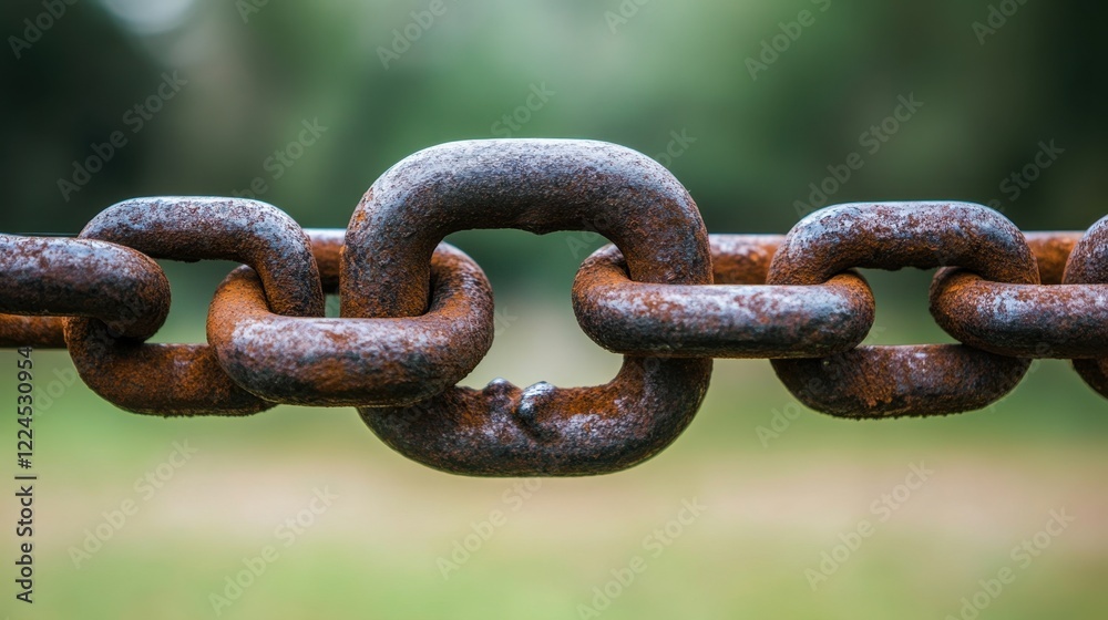 Rusty Metal Chain Link Close-Up Over Blurred Green Background Rusty Metal Chain Link Close-Up Over Blurred Green Background