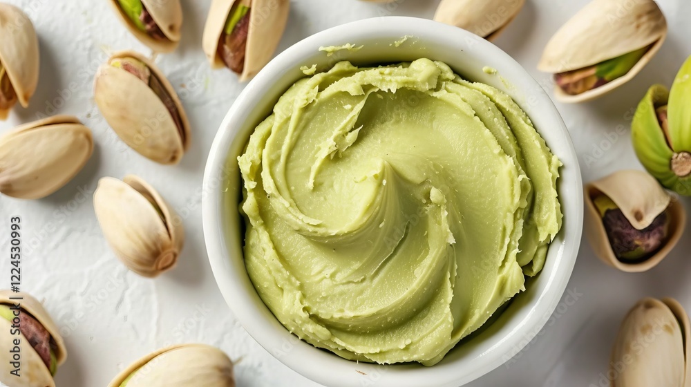 Bowl with delicious pistachio butter and organic pistachios on white textured table, top view. Bowl with delicious pistachio butter and organic pistachios on white textured table, top view.