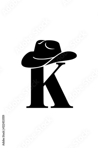 Letter K with Cowboy Hat Western Theme, Black and white illustration of the letter "K" wearing a cowboy hat, symbolizing Western style, country themes, rodeo culture, and rustic typography.  
  
