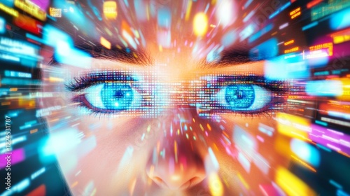 Faced with a flood of colorful information, a person's expression shows distress from digital overload, brain rot concept