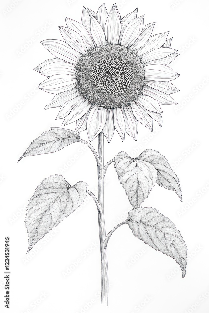 Fototapeta premium Pencil sketch of sunflower, close-up, white background, botanical illustration, for nature publications