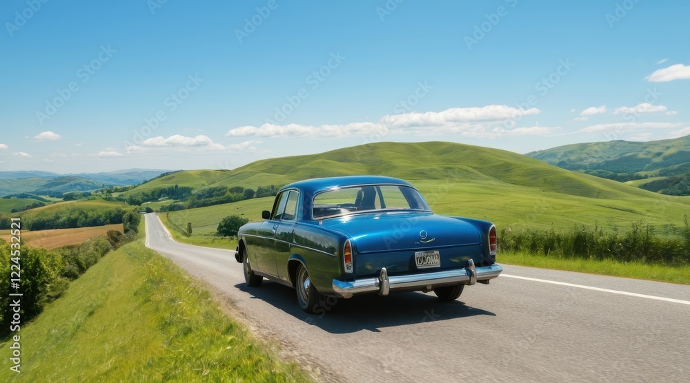 Fototapeta premium Classic Blue Vintage Car on Scenic Country Road Under Bright Sunlight