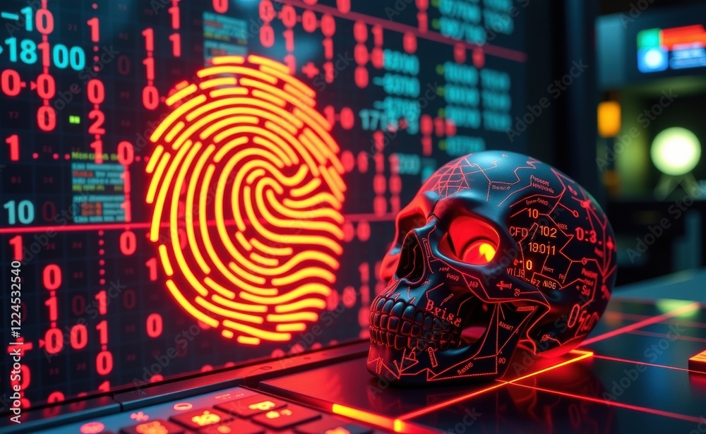 Fototapeta premium A futuristic cyber security concept featuring a glowing red skull, digital fingerprint scan, and floating numerical data, symbolizing hacking, cyber threats, and digital identity breaches.