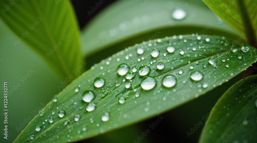 Close Up Water Droplets on Lush Green Leaves Close Up Water Droplets on Lush Green Leaves