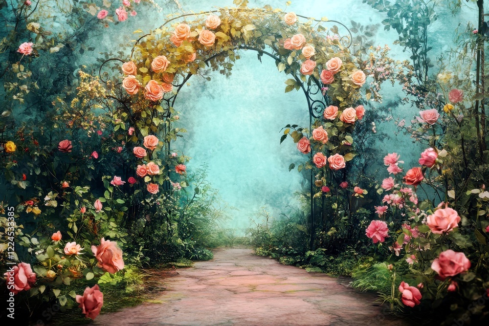 Fototapeta premium Serene Garden Pathway with Blooming Roses and Lush Greenery Under Soft Blue Misty Sky Surrounded by Flourishing Plants and Delicate Flowers