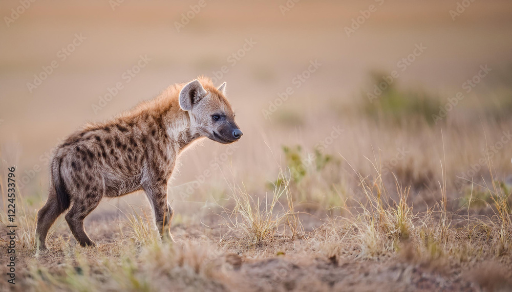 Young spotted hyena pup. Wild animal in African Savannah. Zoo and wildlife concept. Young spotted hyena pup. Wild animal in African Savannah. Zoo and wildlife concept.
