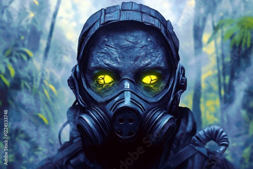 Mysterious figure in gas mask with glowing yellow eyes surrounded by a lush tropical jungle, evoking themes of survival and exploration in a dystopian setting. photo