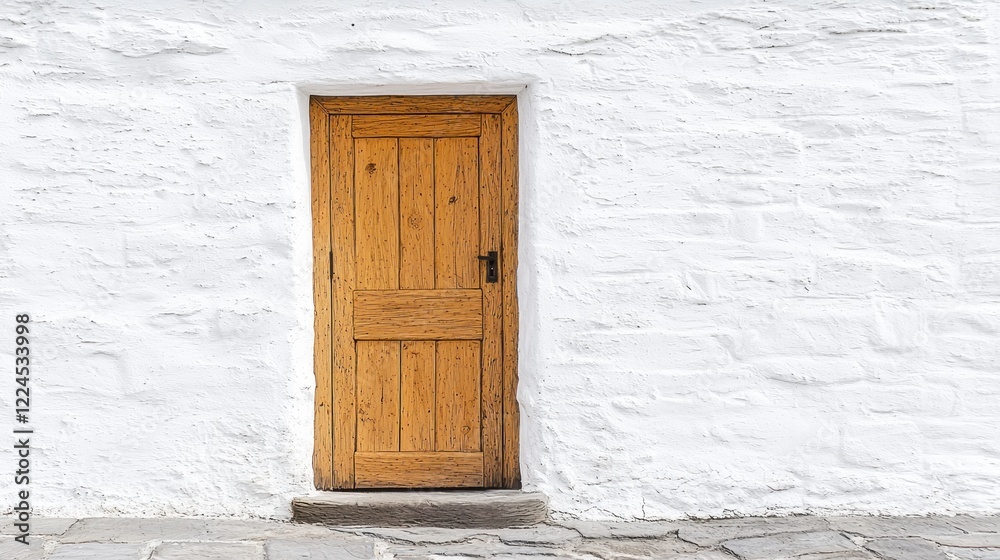 Rustic wooden door, whitewashed stone wall, cobblestone path, countryside setting, home design Rustic wooden door, whitewashed stone wall, cobblestone path, countryside setting, home design
