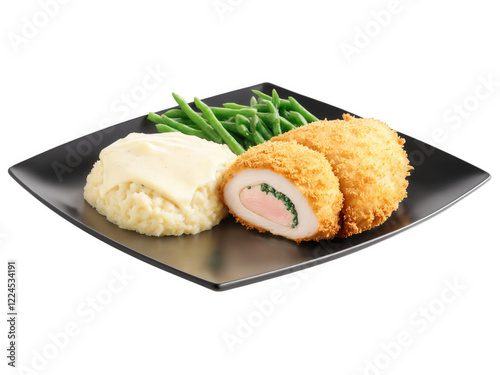 Chicken Kiev Breaded chicken breasts filled with herbed butter, pan-fried to crispy perfection and served with a side of mashed photo