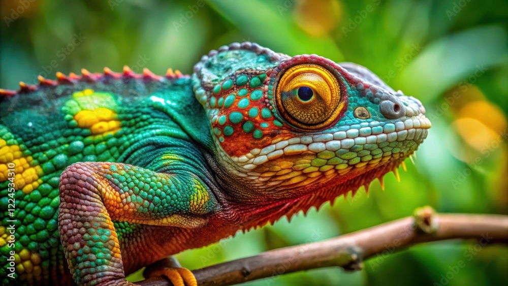 Obraz premium The Ambanja Panther Chameleon perches on a branch with its vibrant green scales and yellow eyes, blending into the lush rainforest foliage , green, animal
