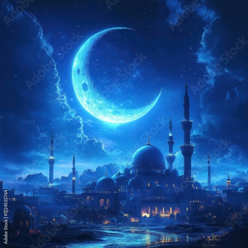 Serene Nightscape with Glowing Crescent Moon over City Mosques photo