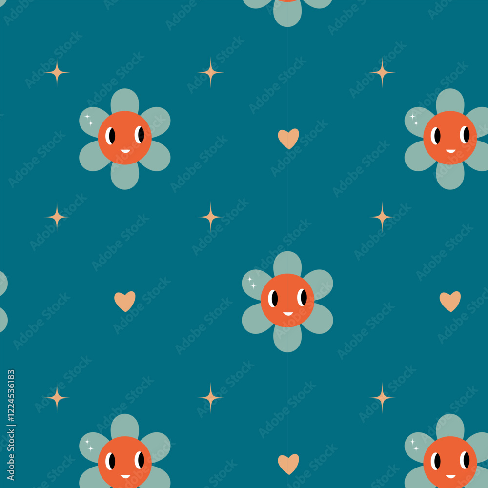 Fototapeta premium cute color pattern with cartoon funny flowers on a blue background