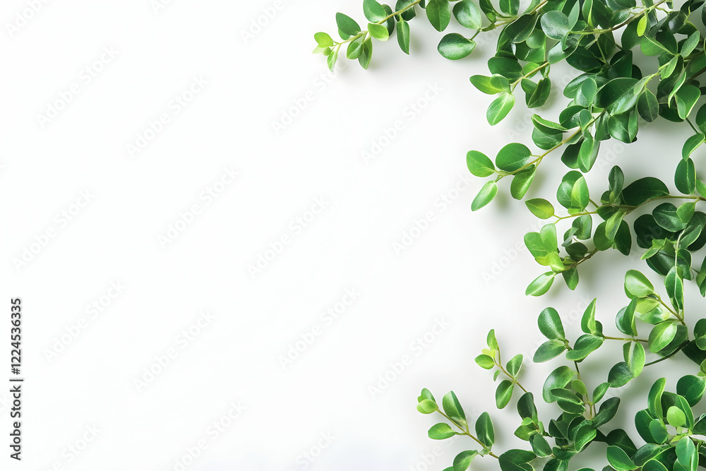 Fototapeta premium Lush green leaves frame a clean white background, ideal for text or product placement. Perfect for spring or summer designs.