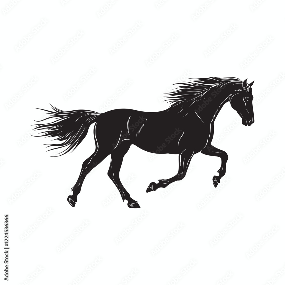 Horse in a running pose silhouette, Black Horse Silhouette in Motion, Horse icon vector Horse in a running pose silhouette, Black Horse Silhouette in Motion, Horse icon vector