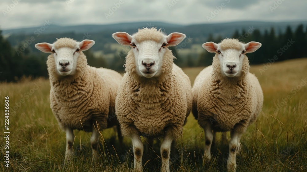 Three Sheep in a Field, Peaceful Pastoral Scene Three Sheep in a Field, Peaceful Pastoral Scene