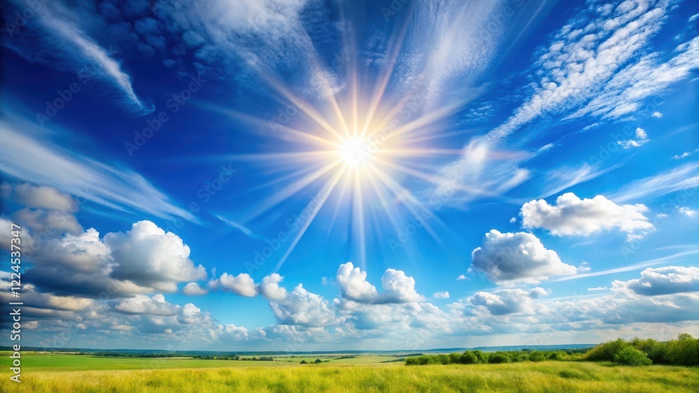 Obraz premium Warm rays of sunshine illuminate a vast expanse of brilliant blue sky on a clear summer day, casting a gentle glow over the landscape, sun rays, sunny day