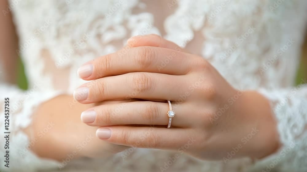 Elegant Close-Up of Engagement Ring on Delicate Hand with Lace Wedding Dress in Background