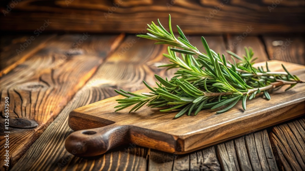 Obraz premium Fresh rosemary sprig on a wooden cutting board in a rustic kitchen setting, garden, wild, garden, wild,rosemary, cooking