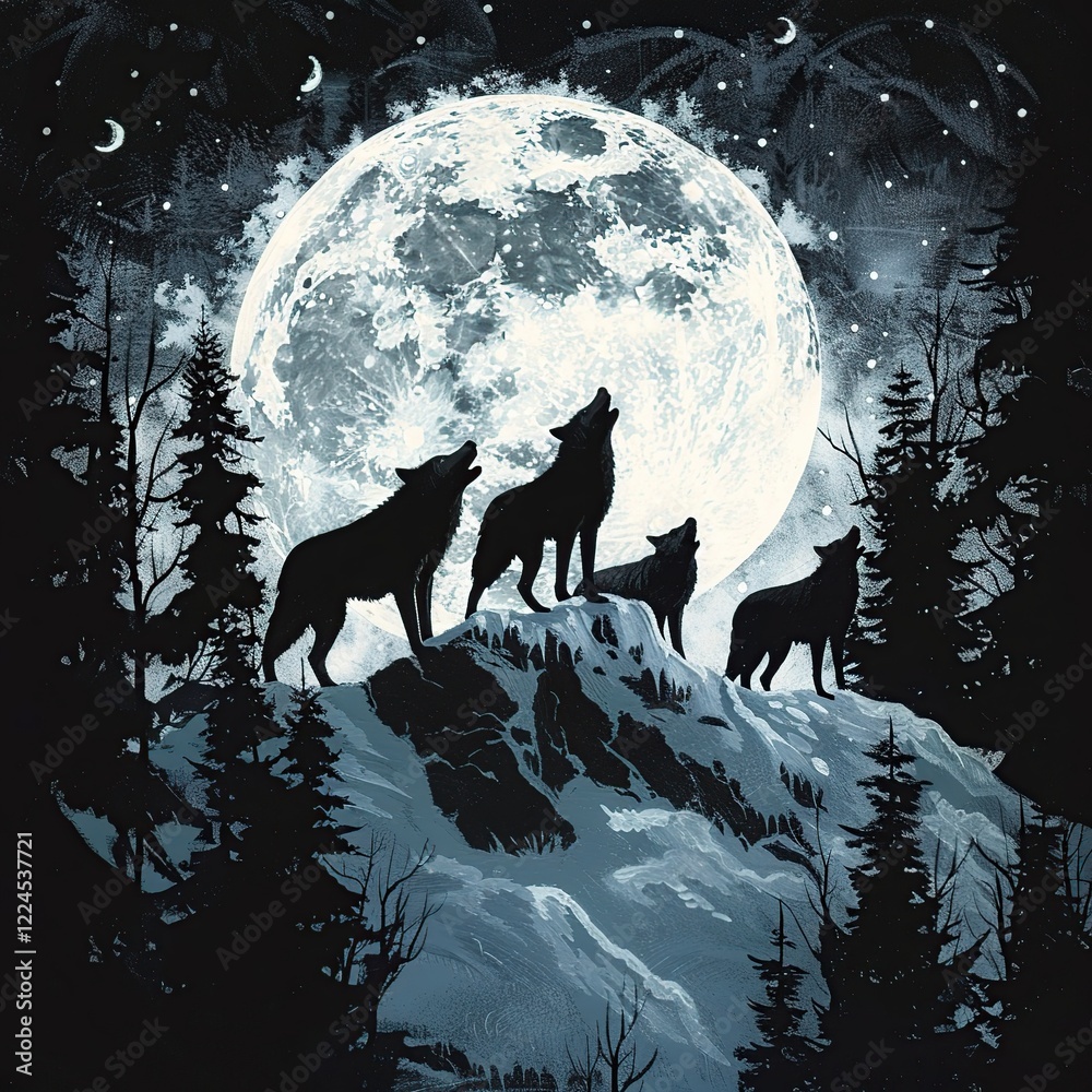 Wolves howling at night moon, mountain scene, nature art Wolves howling at night moon, mountain scene, nature art