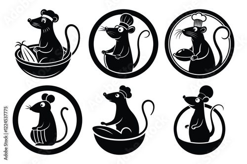 Chef Mouse Silhouettes sets icon vector on White Background ,Vector Art Illustration on white background.