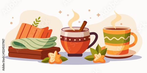 Cozy autumn warmth with steaming coffee and blankets design for seasonal decor