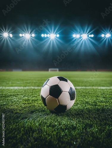 Soccer Ball on Turf Under Bright Stadium Lights at Night