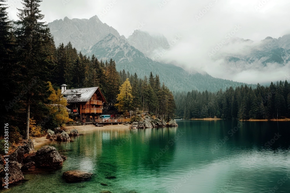 Naklejka premium Serene Lake with Mountain View and Rustic Cabin Surrounded by Lush Forest Under a Misty Sky in Autumn Season, Tranquil Nature Retreat