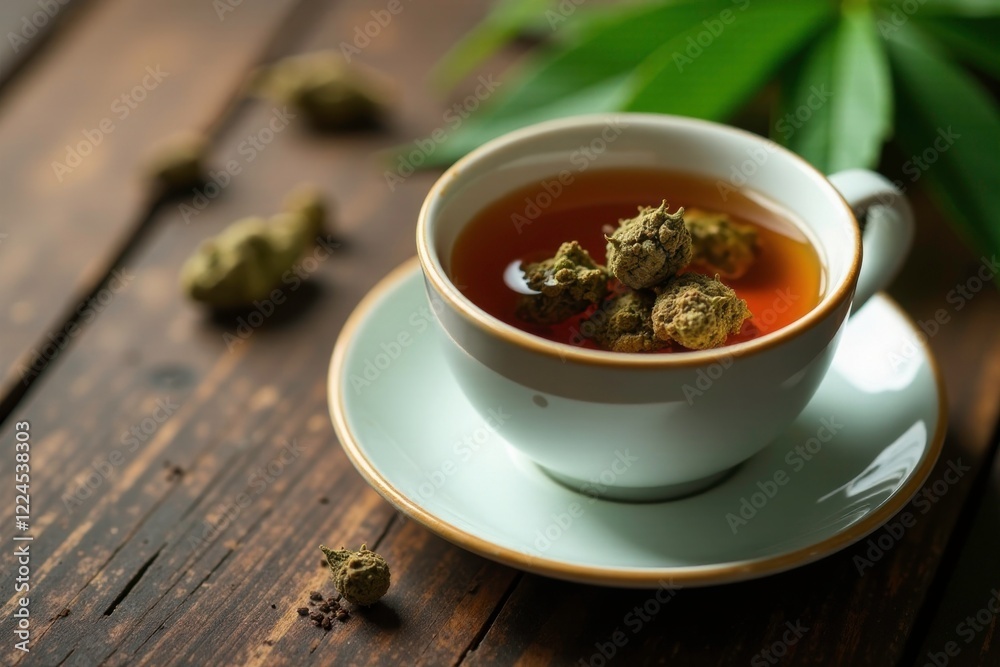 Soothing herbal tea with cannabis buds in the cup, mood booster, tranquility, calming effects Soothing herbal tea with cannabis buds in the cup, mood booster, tranquility, calming effects