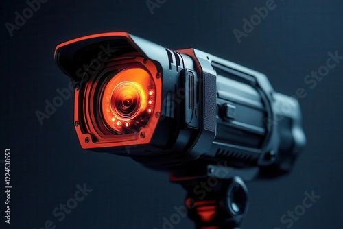 high-tech surveillance device with glowing infrared sensors, sleek black housing, and advanced night vision display showing thermal imaging in dark environment photo