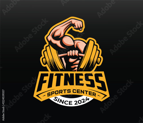 Powerful bodybuilding and fitness gym logo design, featuring muscular arm flexing bicep and triceps with dumbbell, label, emblem, badge, or branding design in retro, vintage style. Vector illustration