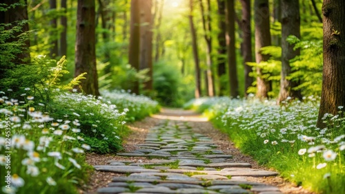 A delicate stone pathway lined with tiny G?nsebl?mchen flowers and surrounded by lush greenery in a serene forest setting photo